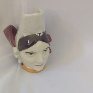 Ceramic Head Sculpture with Red and Brown Accents